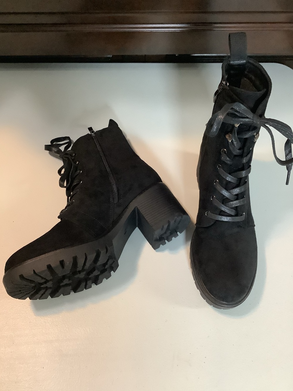 Cushionaire Black Lace-Up Block Heel Faux Suede Ankle Boots